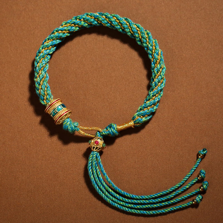Pulsera de cuerda tejida con dije de rueda de oración Thangka de la suerte hecha a mano tibetana con Buddha Stones