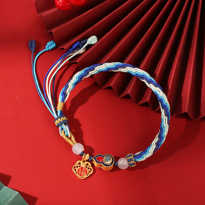 Pulsera de nudo de reencarnación con cuerda de bendición de calabaza hecha a mano de plata de ley 925