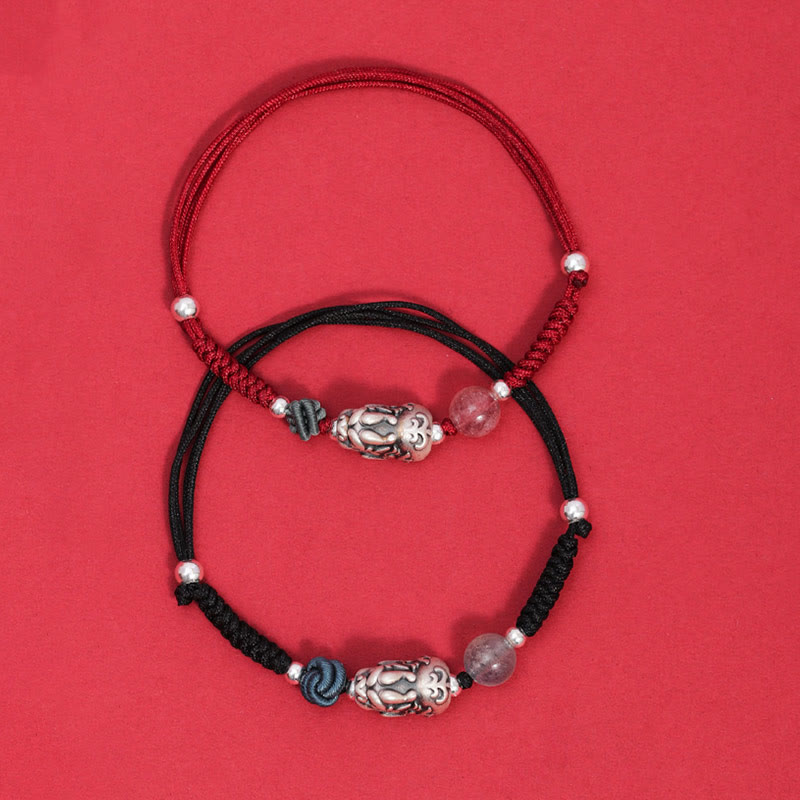 Pulsera trenzada de plata de ley 999 con Buddha Stones PiXiu, cuentas de cuarzo fresa, riqueza y suerte