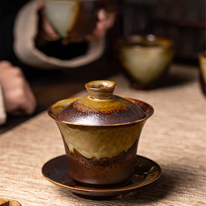 Buddha Stones Vintage marrón horno cambiar diseño porcelana cerámica Gaiwan Sancai taza de té Kung Fu y platillo con tapa - image 1