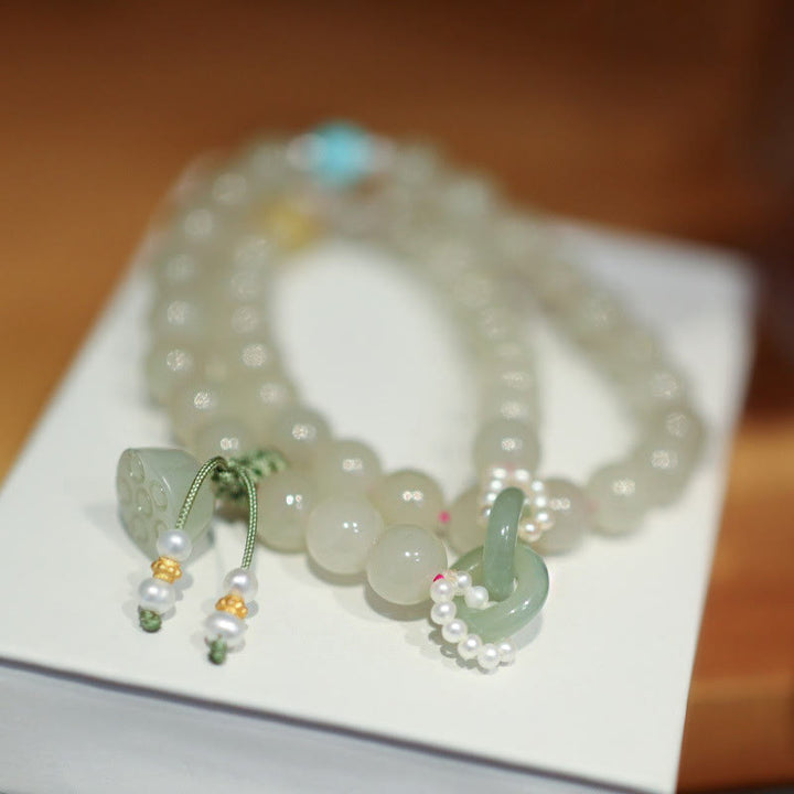 Pulsera de plata de ley 925 con Buddha Stones , jade hetiano, doble hebilla de la paz, suerte de loto