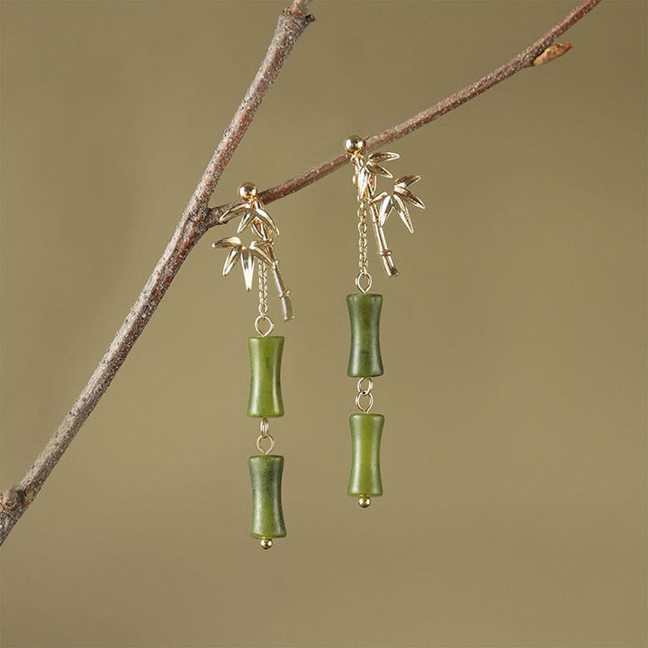 Pendientes colgantes de hoja de bambú, peridoto natural, oro chapado en cobre, postes de plata de ley 925 con Buddha Stones