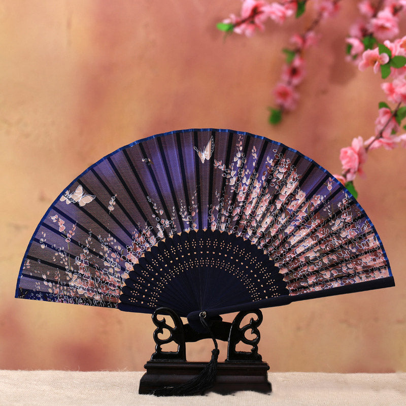 Abanico plegable de bambú con Buddha Stones, flor de cerezo, lirio, mariposa, bambú, 21cm