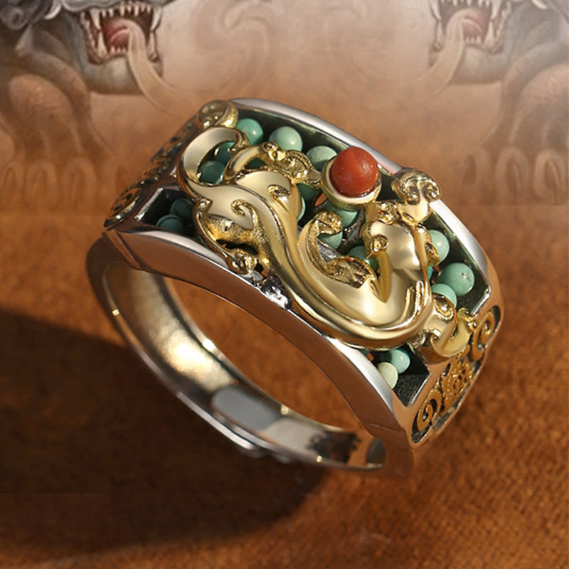 Anillo de protección de ábaco PiXiu de ágata roja turquesa de plata de ley 925 con Buddha Stones
