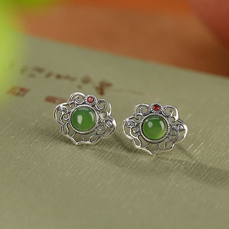 Juego de pendientes de anillo de la suerte con diseño hueco de jade cian hetiano natural de plata de ley 925 con Buddha Stones