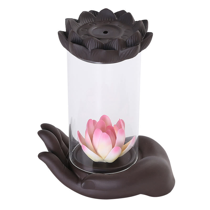 Buddha Stones, mano de Buda, iluminación de loto, luz LED, decoración de quemador de incienso de cerámica de arcilla púrpura