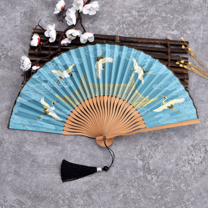 Abanico plegable de bambú de mano con diseño de grulla de nube vintage de Buddha Stones