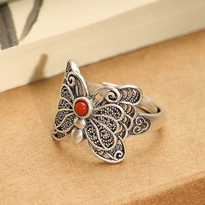 Juego de pendientes de anillo de autoaceptación de mariposa de ágata roja de plata de ley 925 con Buddha Stones