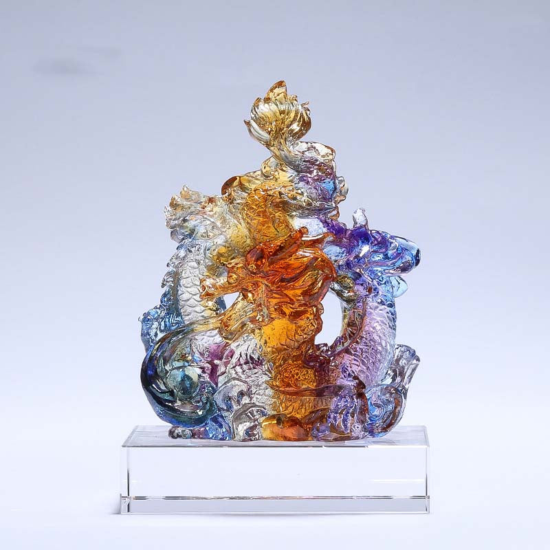 Buddha Stones Año del Dragón hecho a mano Liuli pieza de arte con cristal protección decoración de la Oficina del hogar con Base