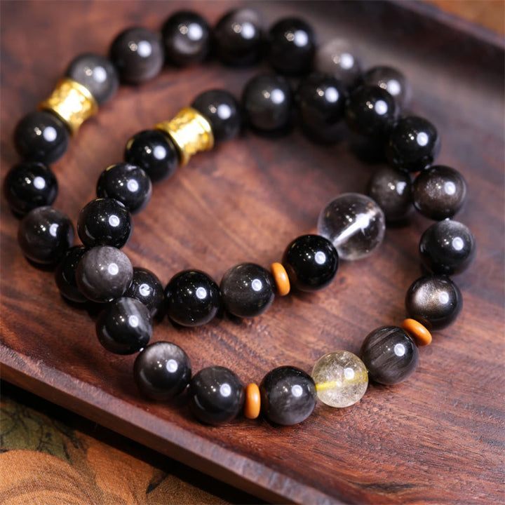 Pulsera de protección de cuentas Om Mani Padme Hum de cristal de obsidiana brillante de plata Natural con Buddha Stones