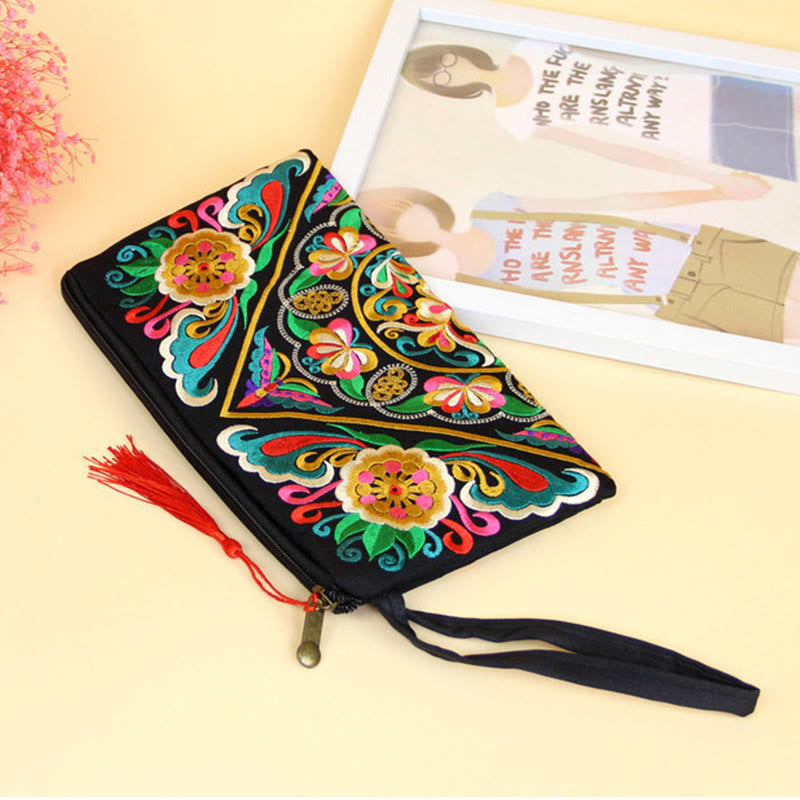 Cartera de compras con bordado de flores de Buddha Stones, dragón, mariposa, cosmos