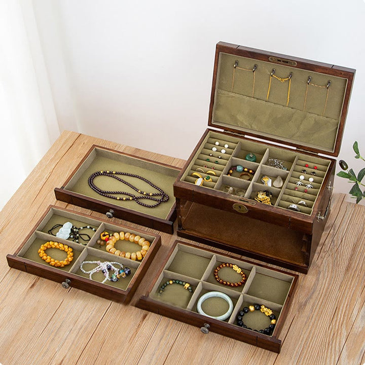 Caja de joyería de madera maciza retro con Buddha Stones, caja de almacenamiento de joyería de madera de cuatro capas
