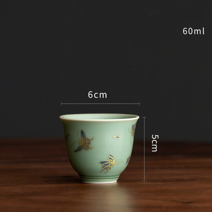 Buddha Stones de porcelana verde, mariposa, flor, salmón, pescado, cerámica, Gaiwan Sancai, taza de té de Kung Fu y platillo con tapa