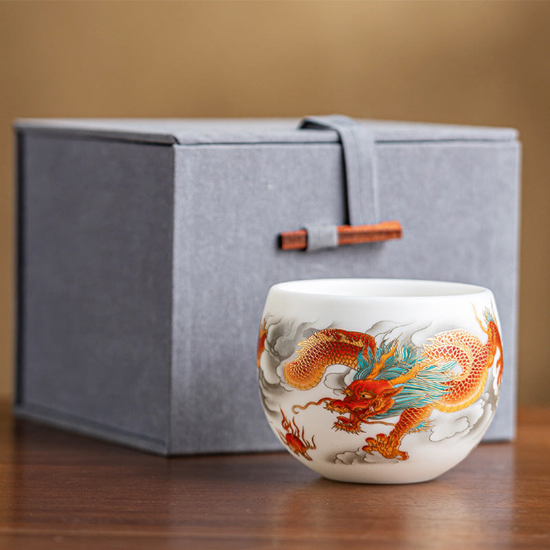 Taza de té de cerámica con caja de regalo, tazas de té de Kung Fu con Buddha Stones , dragón, Fénix, nubes propicias