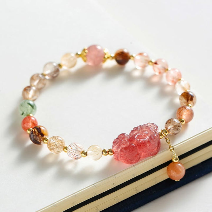 Pulsera de riqueza PiXiu de cuarzo fresa de cuarzo rutilado natural con Buddha Stones
