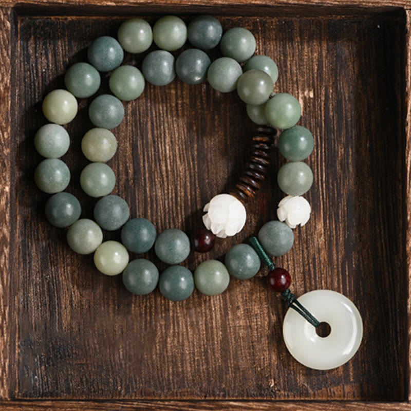 Pulsera de doble envoltura con hebilla de paz y jade de loto, semilla de Bodhi cian
