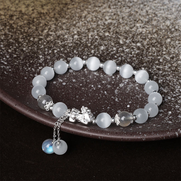 Pulsera de soporte PiXiu de cuarzo fresa, piedra lunar, ojo de gato natural, Buddha Stones