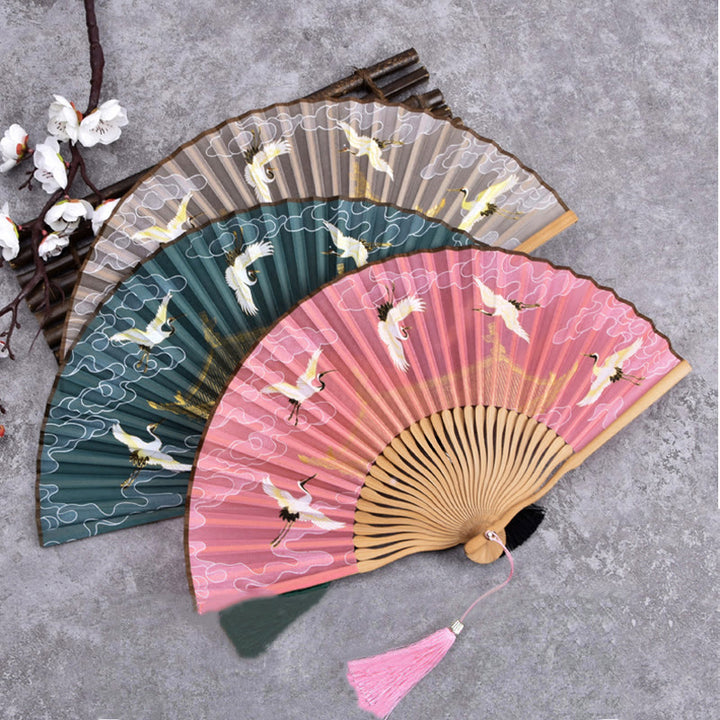 Abanico plegable de bambú de mano con diseño de grulla de nube vintage de Buddha Stones
