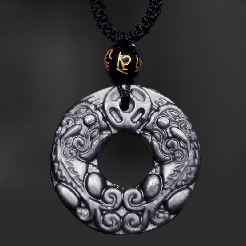 Colgante de collar de protección con hebilla de la paz, moneda de cobre PiXiu doble, obsidiana brillante de plata Natural , Buddha Stones - image 4