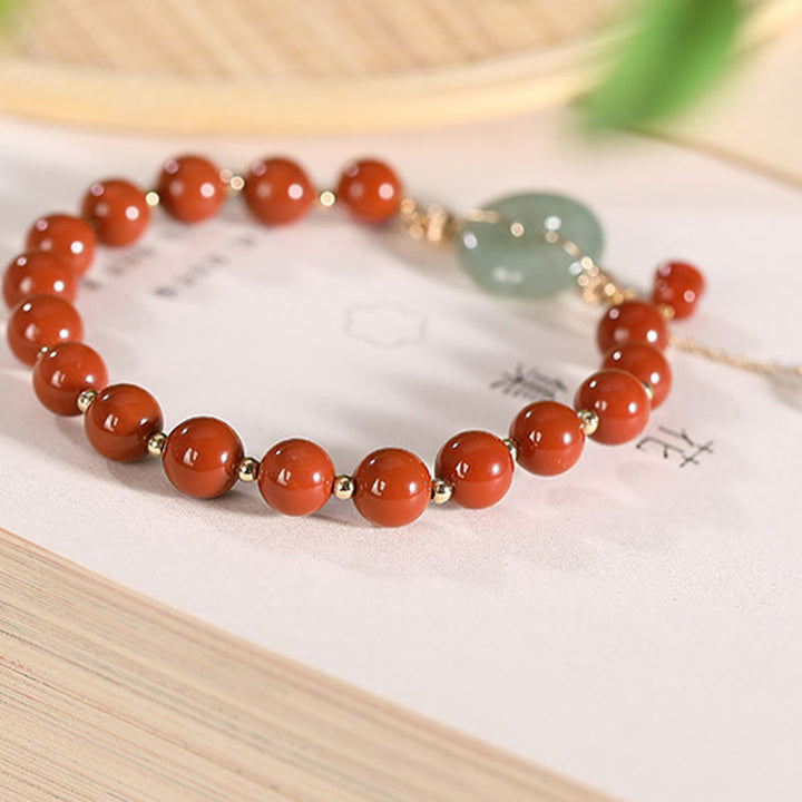 Pulsera de confianza con forma de calabaza y monedas de cobre con hebilla de paz y ágata roja de jade rellena de oro de 14 quilates con Buddha Stones