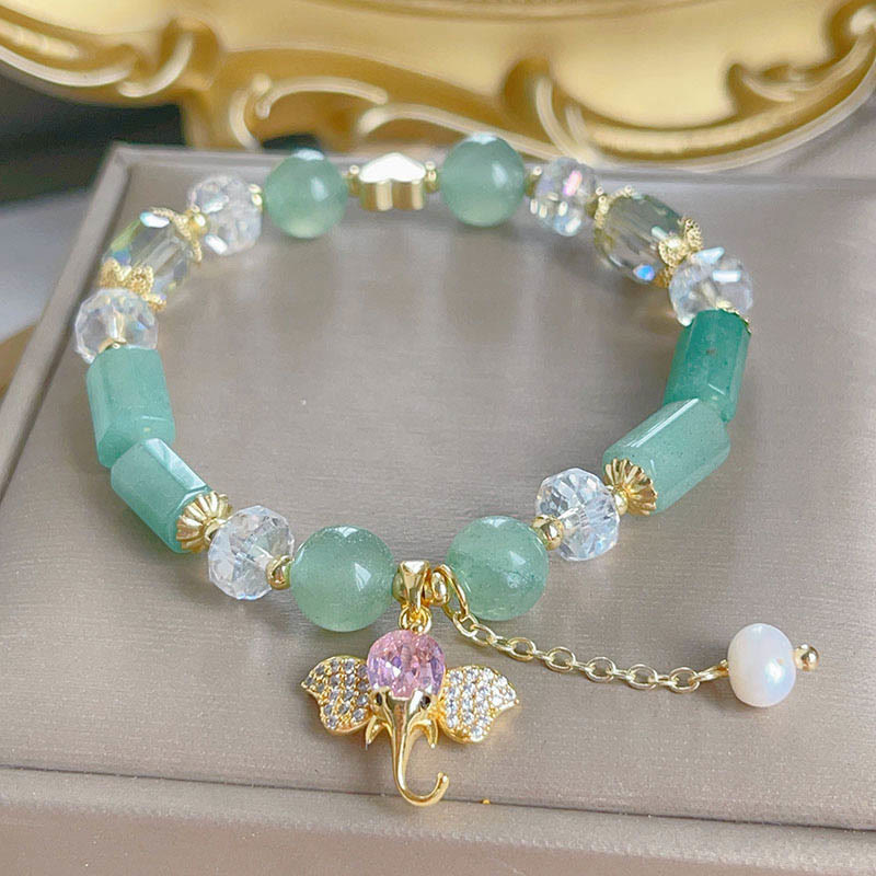 Pulsera con dije de elefante positivo, Buddha Stones , amatista, aventurina verde, cuarzo fresa