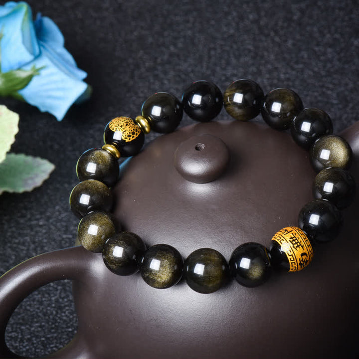 Pulsera de protección de la riqueza de obsidiana con brillo dorado del Buda Natal del zodíaco chino
