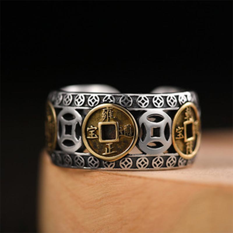 Anillo ajustable con equilibrio de monedas de cinco emperadores y Buddha Stones