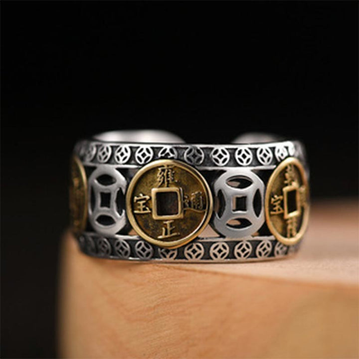 Anillo ajustable con equilibrio de monedas de cinco emperadores y Buddha Stones