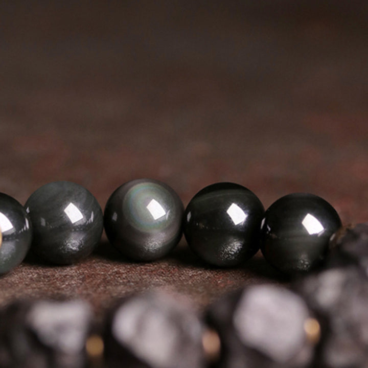 Pulsera de pareja de fuerza de cobre de madera de ébano de obsidiana negra con Buddha Stones