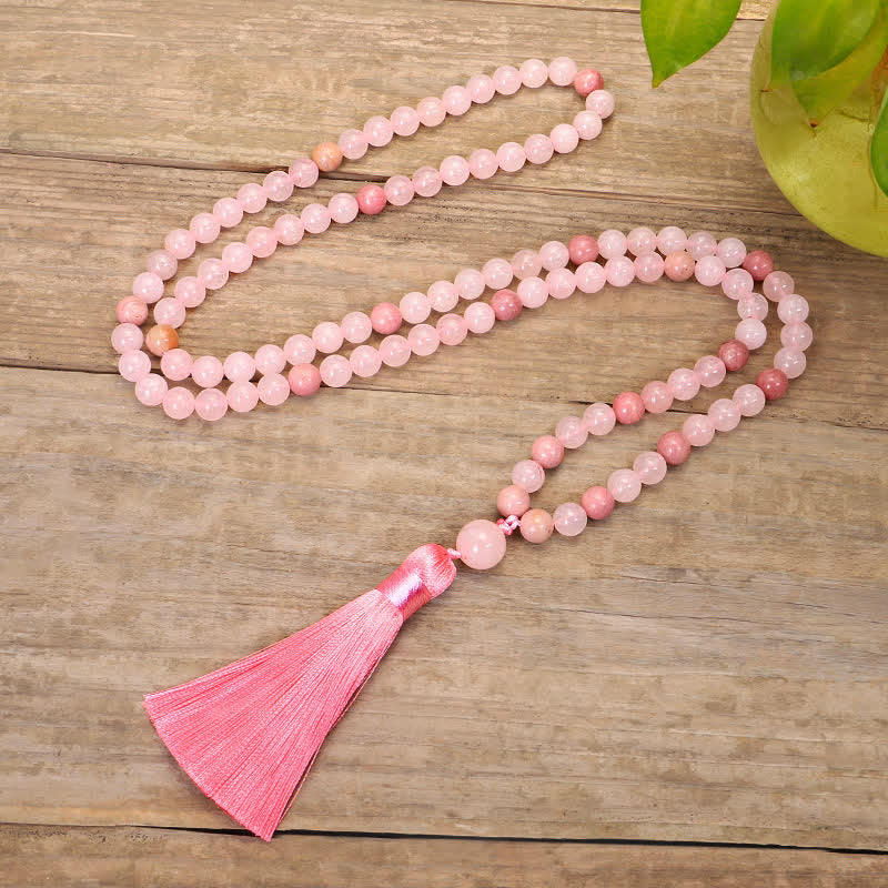 Pulsera con borlas de amor de cristal rosa de 108 cuentas Mala