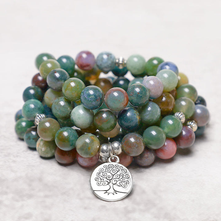 Buddha Stones 108 cuentas de Mala ágata india loto OM Buda Árbol de la vida pulsera de calma positiva
