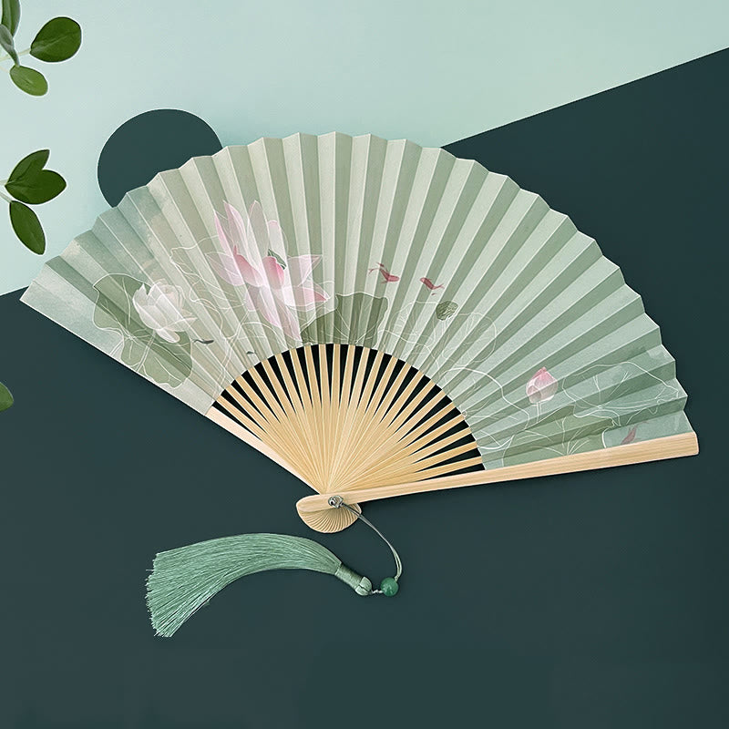 Abanico plegable de bambú con Buddha Stones, flores de loto, hojas, peces Koi, papel de mano