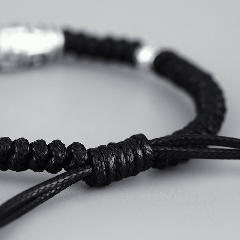 Pulsera de cuerda de bendición con patrón de cuentas Dzi de nueve ojos de plata de ley 999 con Buddha Stones