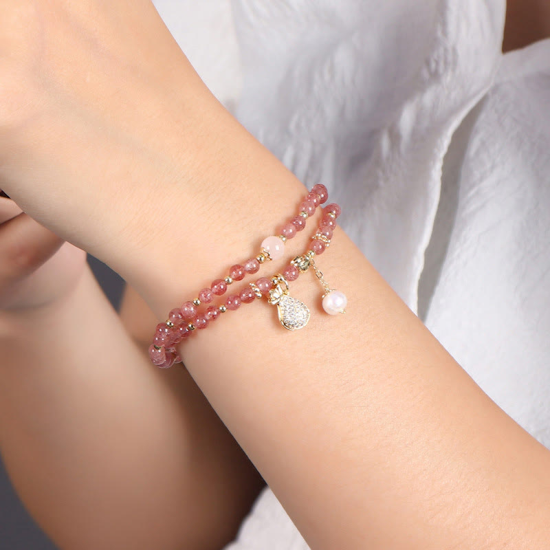 Pulsera de doble envoltura con dije positivo para bolsa de dinero de cuarzo fresa con Buddha Stones