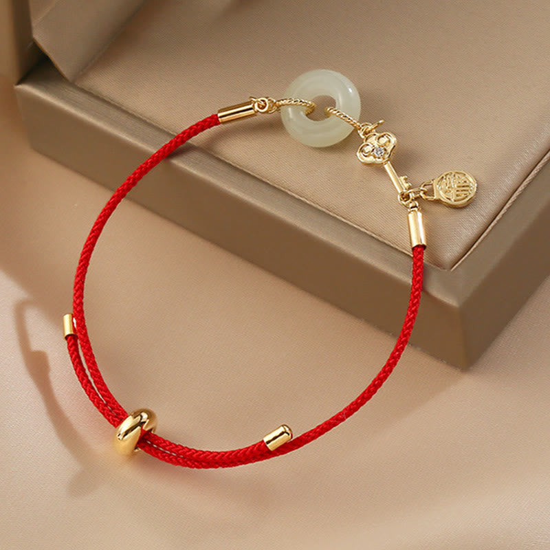 Pulsera de cuerda roja con hebilla de paz de jade hetiano chapado en oro de 18 quilates con Buddha Stones