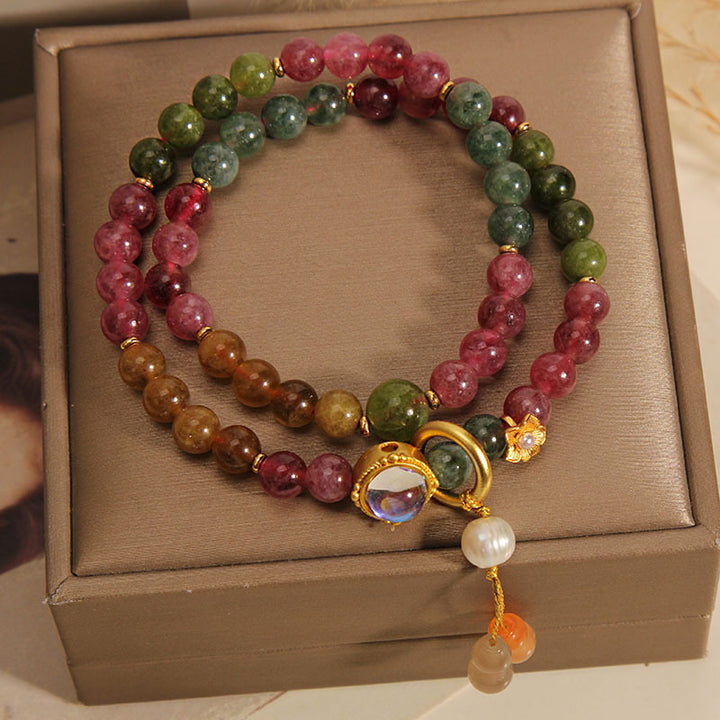 Pulsera con dije de calabaza de doble vuelta positiva con turmalina multicolor y Buddha Stones