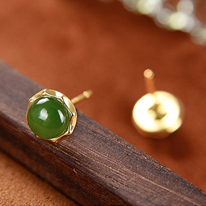 Pendientes de tuerca de la suerte con cuentas de jade cian hetiano natural chapado en plata de ley 925 con Buddha Stones