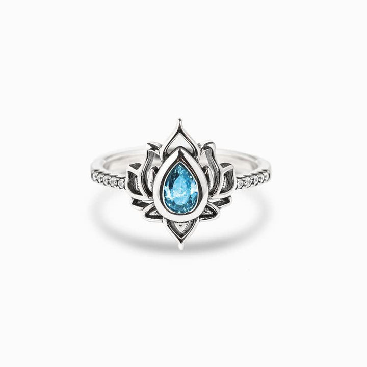 Anillo de protección de bendición de circonita de loto de plata de ley con Buddha Stones