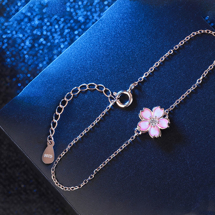Pulsera con cadena de bendición de flor de cerezo de plata de ley 925 con Buddha Stones , anillo giratorio