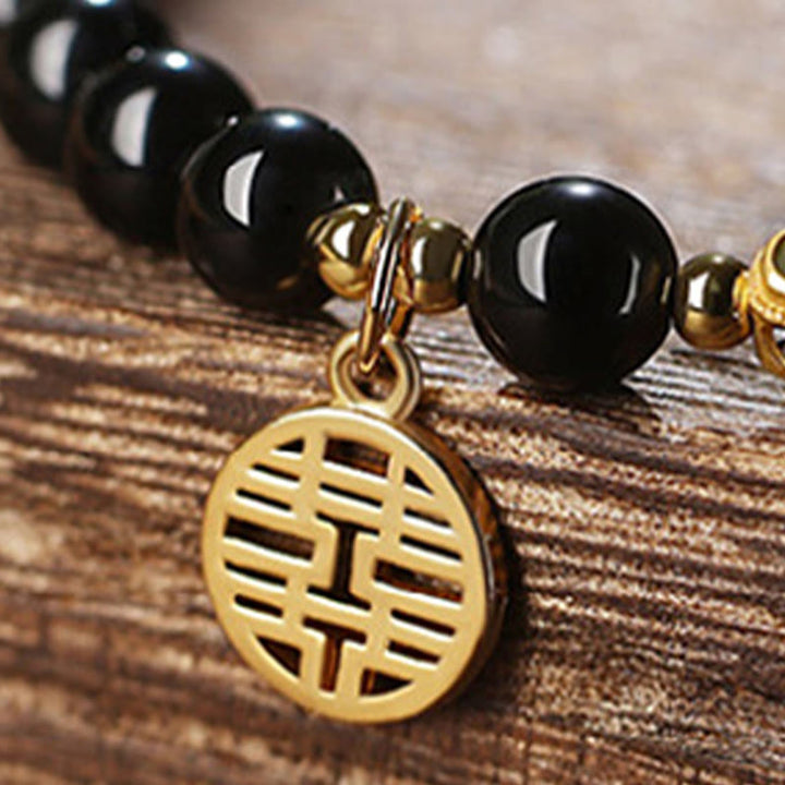 Pulsera de fuerza de doble felicidad con calabaza de jade hetiano de obsidiana negra natural