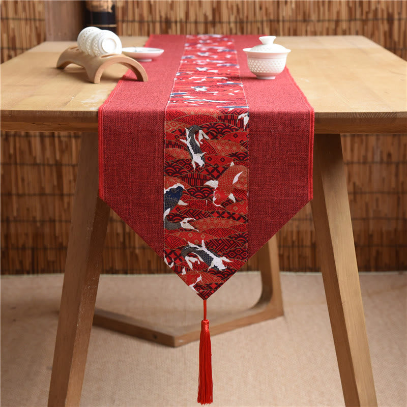 Camino de mesa con borlas de lino y algodón, Buddha Stones, estilo chino clásico, loto, pez Koi, flor, grulla, caligrafía, iluminación