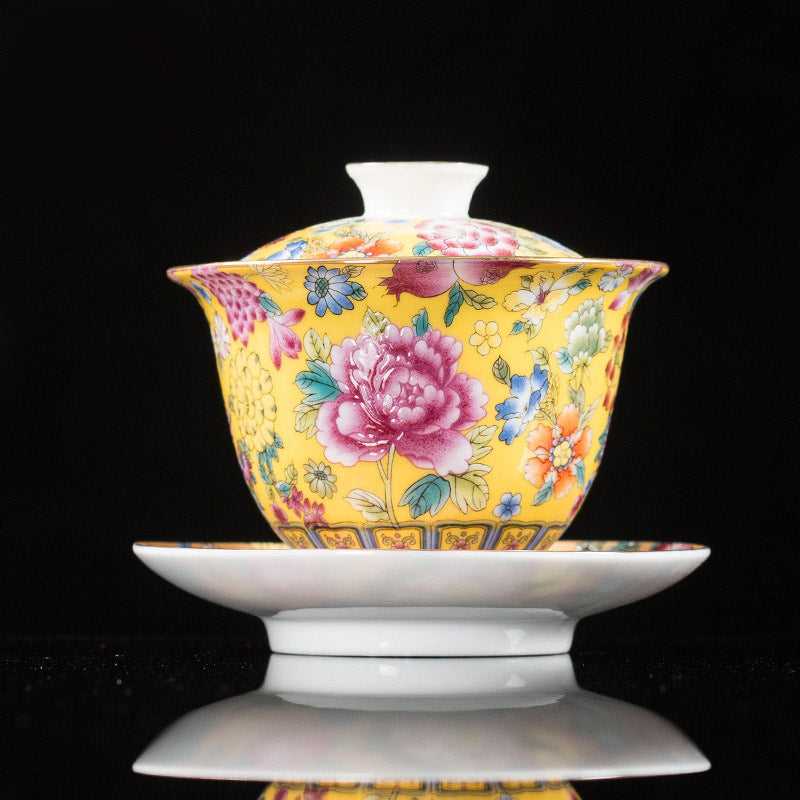 Taza de té y platillo con tapa, Gaiwan Sancai de cerámica, flores de peonía, Buddha Stones , Kung Fu