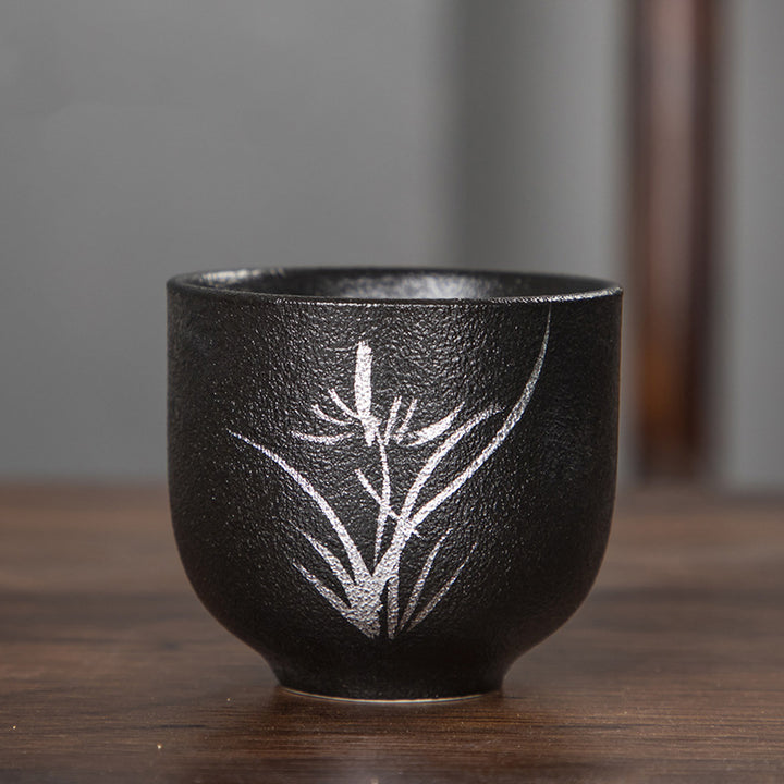 Buddha Stones, flor de loto pintada a mano, crisantemo de bambú, cerámica negra, taza de té de cerámica, taza de té de Kung Fu 95ml