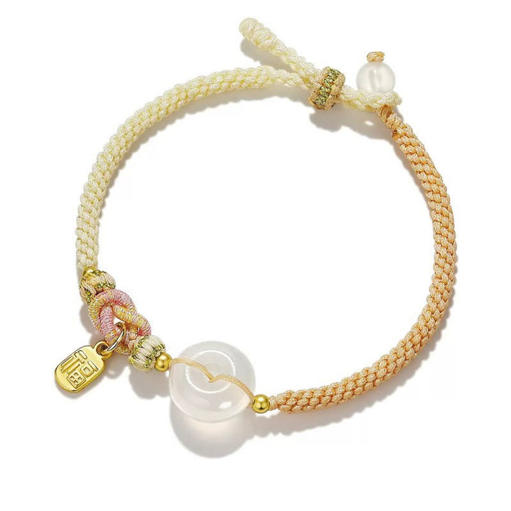 Pulsera de cuerda tejida hecha a mano de ágata blanca con hebilla de paz y suerte y protección