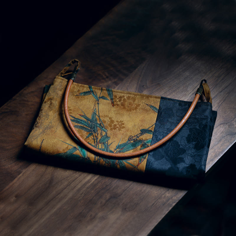 Bolso de hombro con Buddha Stones, hojas de bambú, flor, mariposa, caqui