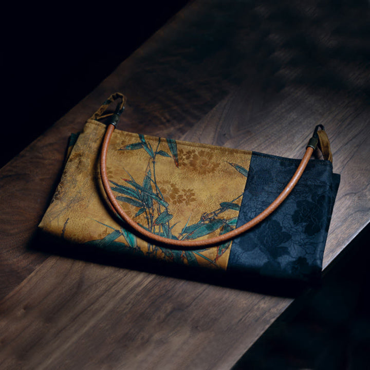 Bolso de hombro con Buddha Stones, hojas de bambú, flor, mariposa, caqui