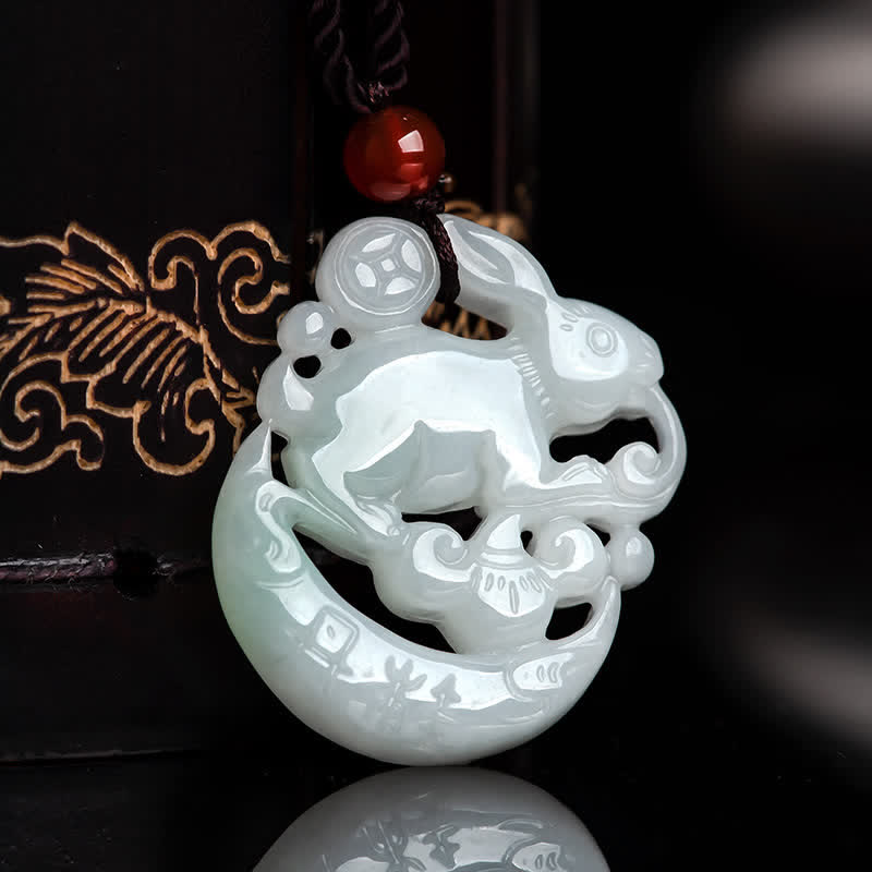Año del Conejo Colgante de Collar de Protección de Luna Creciente de Jade Blanco