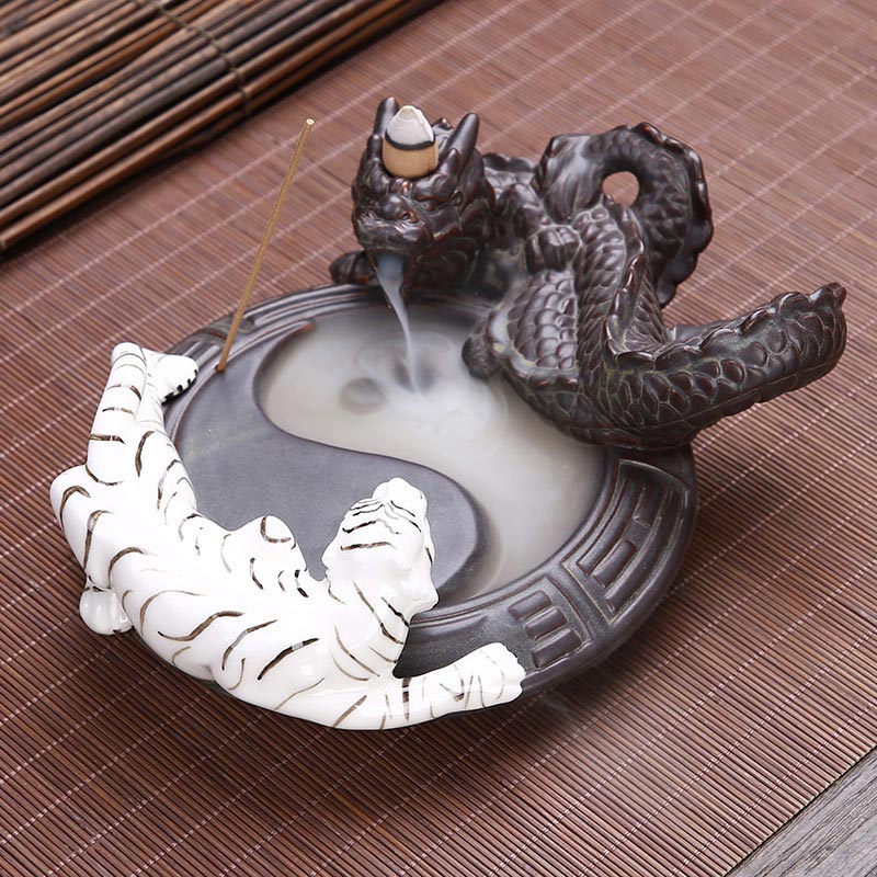 Fuente de humo de reflujo de dragón tigre, decoración de quemador de incienso de bendición Yin Yang de cerámica
