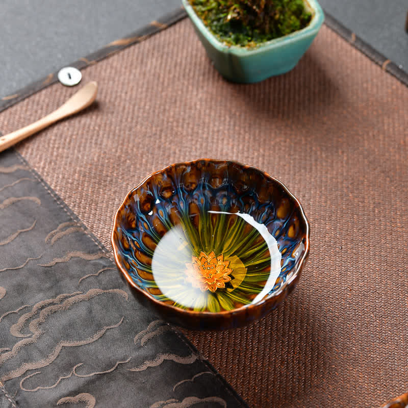 Tazas de té de cerámica con incrustaciones de Buddha Stones , loto, pavo real, dragón, fénix, pez koi, 120 ml