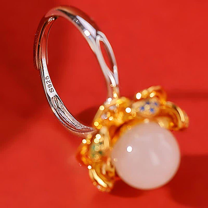 Anillo de éxito de flor de loto de jade cian blanco de plata de ley 925